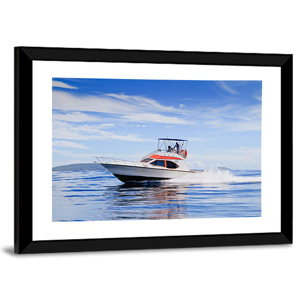 Motorboat In Ocean Canvas Wall Art-1 Piece-Framed Print-20" x 16"-Tiaracle