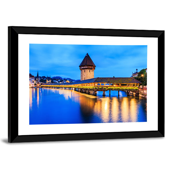Chapel Bridge In Evening Canvas Wall Art-1 Piece-Framed Print-42" x 14"-Tiaracle