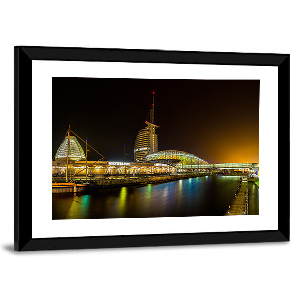 Night Bridge and River in Bremerhaven Canvas Wall Art