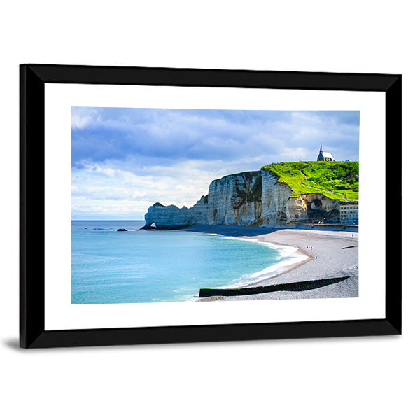 Etretat Cliff And Church Landmark And Its Beach On Morning Canvas Wall Art-1 Piece-Framed Print-30" x 20"-Tiaracle