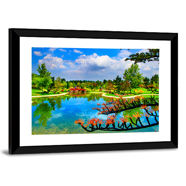 Red Bridge and Reflections in Japanese Garden Canvas Wall Art