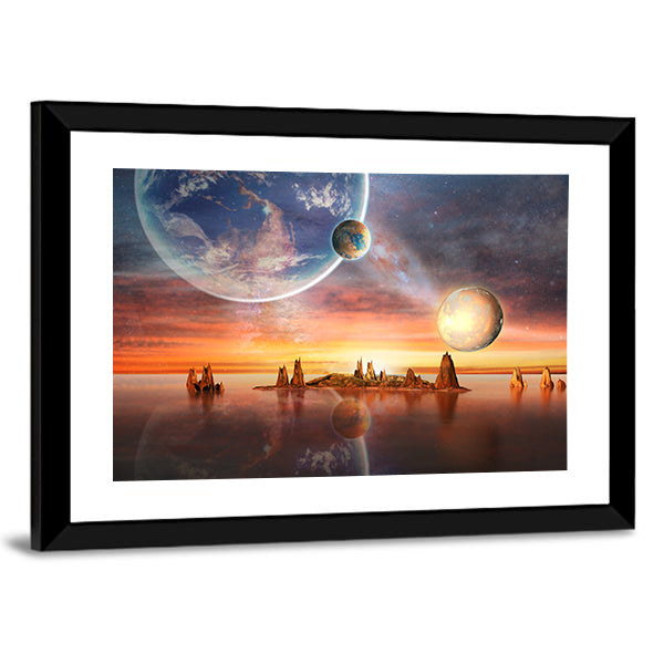 Alien Planet with Multiple Moons at Dusk Canvas Wall Art