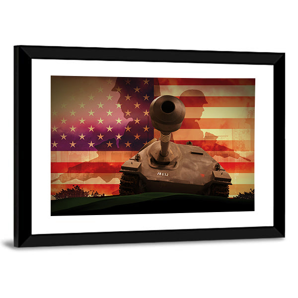 Soldier Silhouette with Tank and American Flag Canvas Wall Art