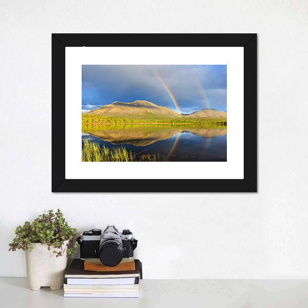 Double Rainbow Over Lake And Mountains Canvas Wall Art-3 Horizontal-Gallery Wrap-25" x 16"-Tiaracle