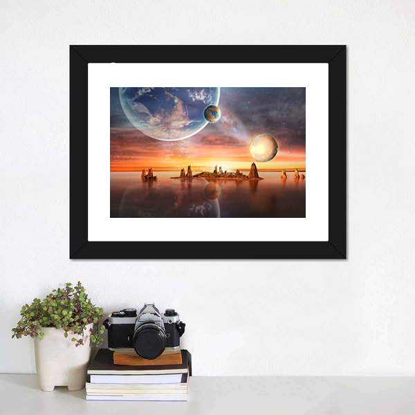 Alien Planet with Multiple Moons at Dusk Canvas Wall Art