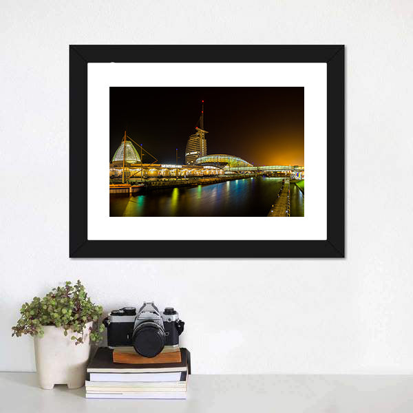 Night Bridge and River in Bremerhaven Canvas Wall Art