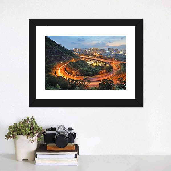 City Interchange At Night Canvas Wall Art-5 Horizontal-Gallery Wrap-22" x 12"-Tiaracle