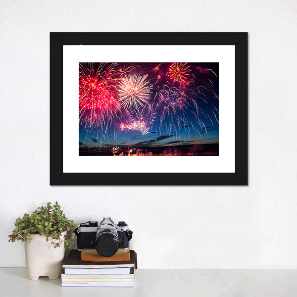 Colorful Fireworks Over City Skyline Canvas Wall Art
