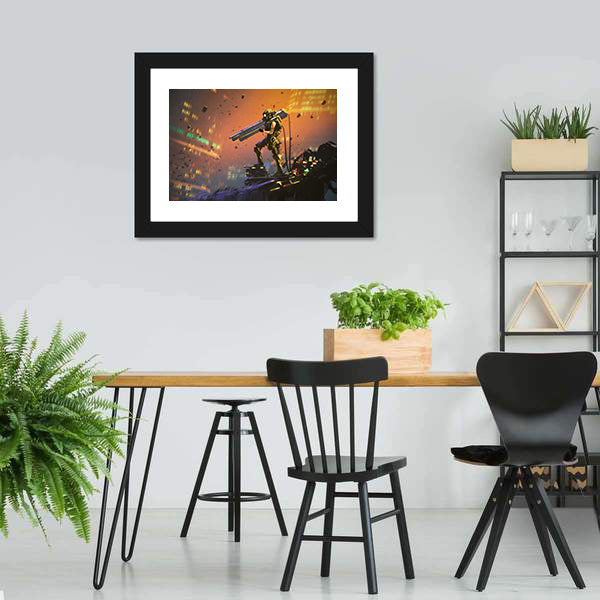 Futuristic Soldier With Gun Canvas Wall Art-5 Horizontal-Gallery Wrap-22" x 12"-Tiaracle