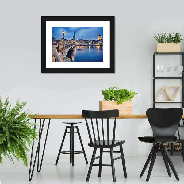 Fraumunster Church At Night Canvas Wall Art-5 Horizontal-Gallery Wrap-22" x 12"-Tiaracle