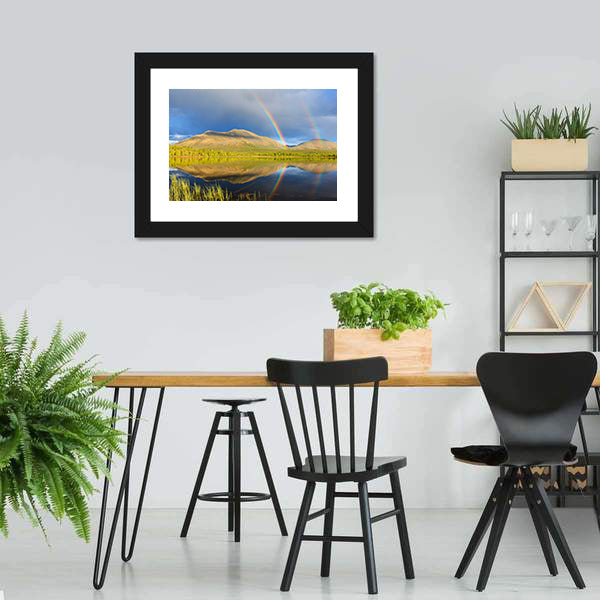 Double Rainbow Over Lake And Mountains Canvas Wall Art-3 Horizontal-Gallery Wrap-25" x 16"-Tiaracle