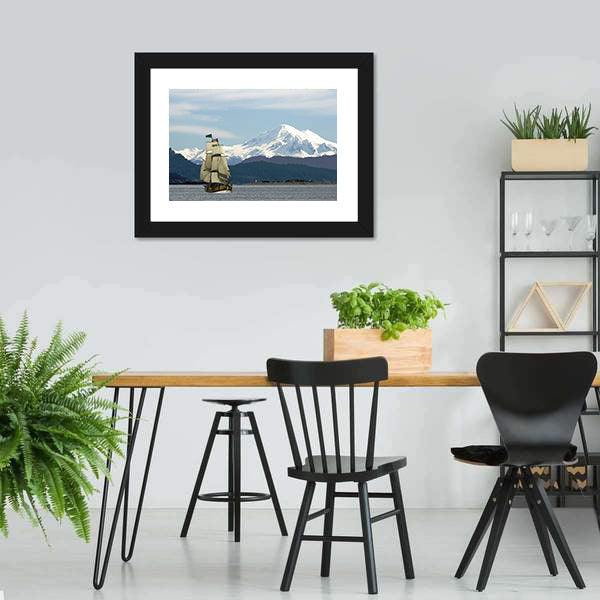 Mount Baker & Sailing Ship Canvas Wall Art-5 Horizontal-Gallery Wrap-22" x 12"-Tiaracle
