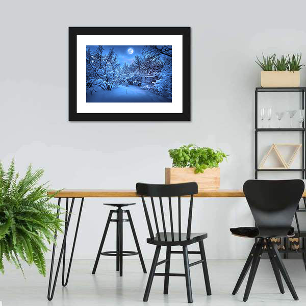 Moonlight Over Snowy Forest Canvas Wall Art