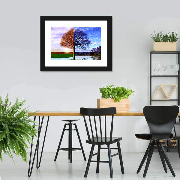 Four Seasons Tree with Mirrored Reflection Canvas Wall Art