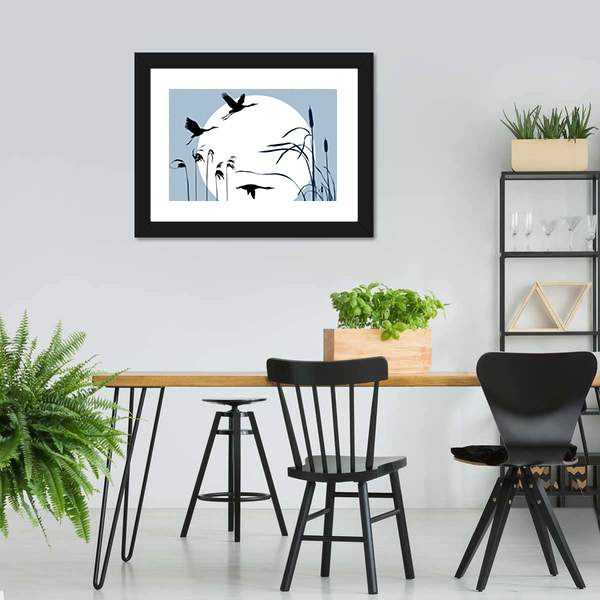 Three Flying Birds Silhouette with Moon Canvas Wall Art