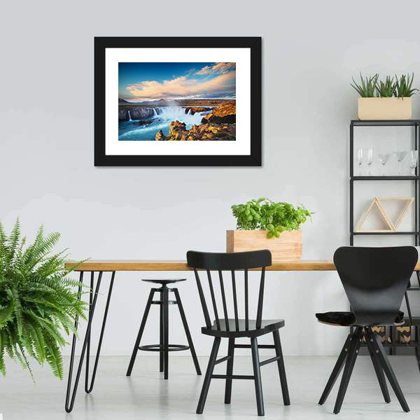 Godafoss Waterfall At Sunset Canvas Wall Art-5 Horizontal-Gallery Wrap-22" x 12"-Tiaracle