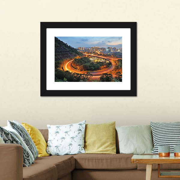 City Interchange At Night Canvas Wall Art-5 Horizontal-Gallery Wrap-22" x 12"-Tiaracle