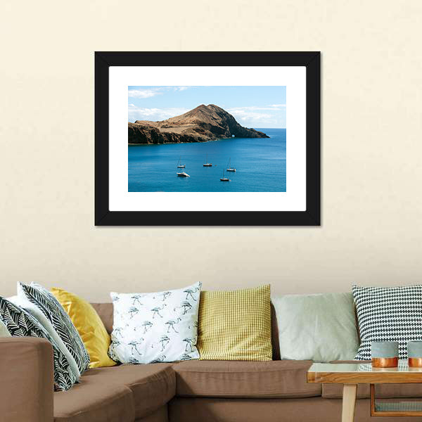 Rocky Island with Anchored Sailboats Canvas Wall Art