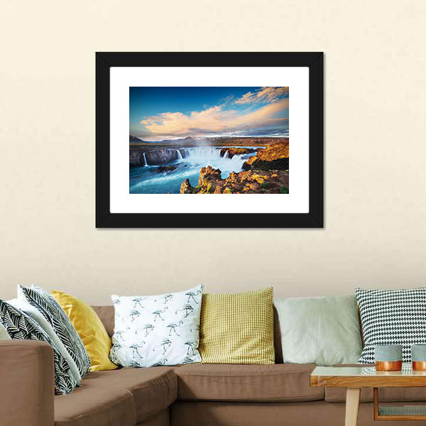 Godafoss Waterfall At Sunset Canvas Wall Art-5 Horizontal-Gallery Wrap-22" x 12"-Tiaracle
