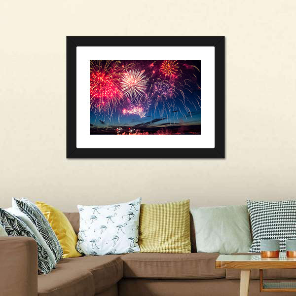 Colorful Fireworks Over City Skyline Canvas Wall Art