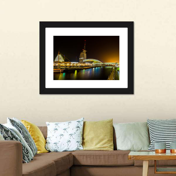 Night Bridge and River in Bremerhaven Canvas Wall Art