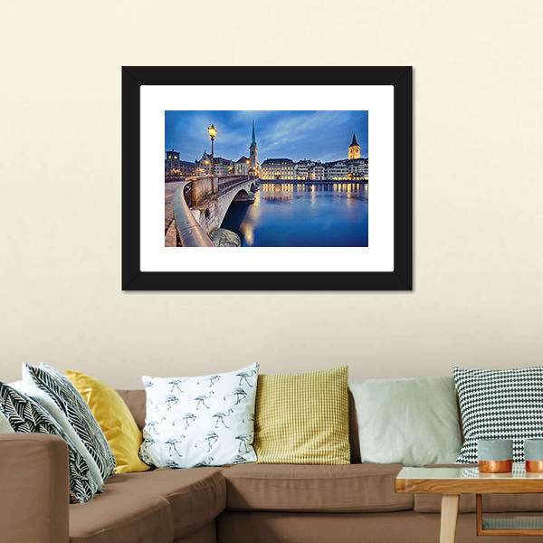Fraumunster Church At Night Canvas Wall Art-5 Horizontal-Gallery Wrap-22" x 12"-Tiaracle