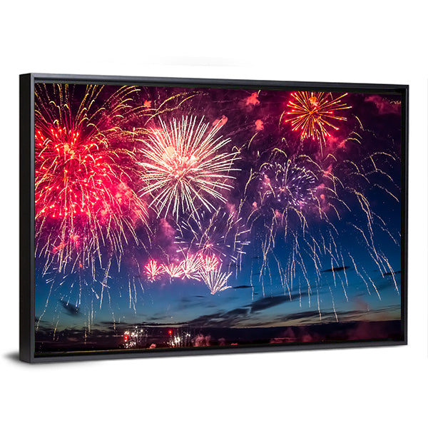 Colorful Fireworks Over City Skyline Canvas Wall Art