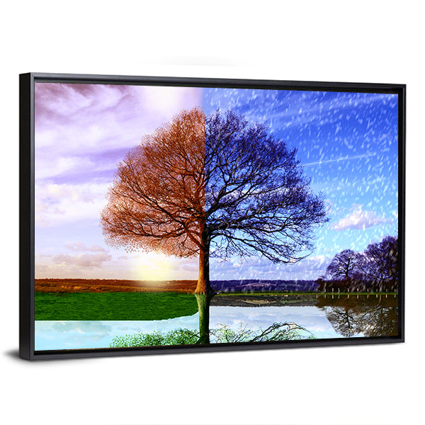 Four Seasons Tree with Mirrored Reflection Canvas Wall Art