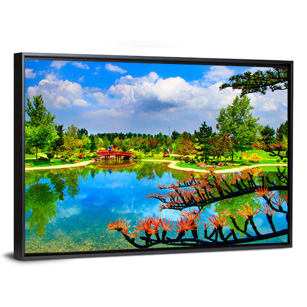 Red Bridge and Reflections in Japanese Garden Canvas Wall Art