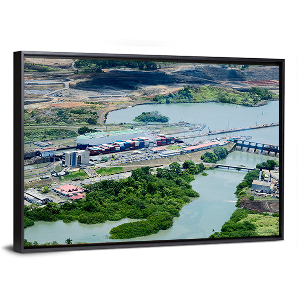 Cargo Ship at Panama Canal Locks Canvas Wall Art