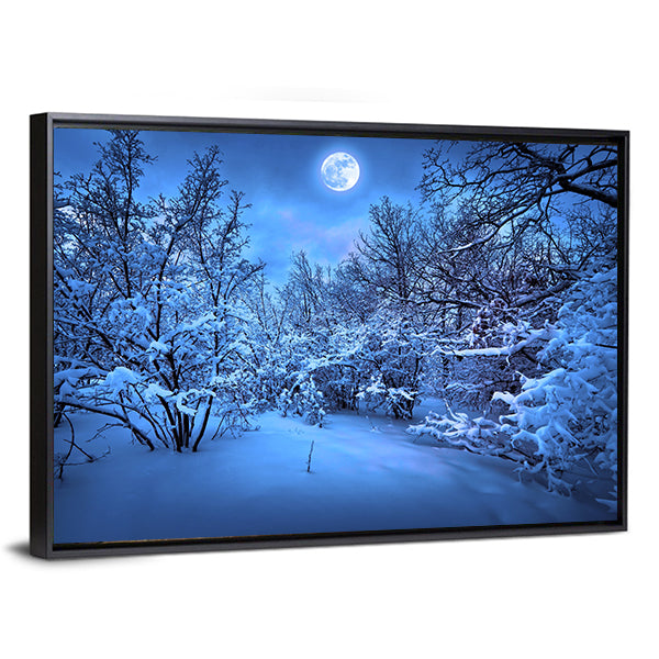 Moon Light In Winter Forest Canvas Wall Art-1 Piece-Floating Frame-24" x 16"-Tiaracle