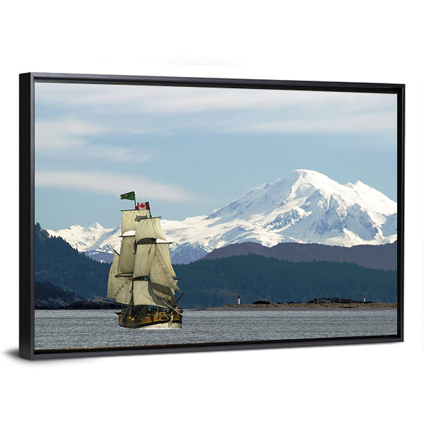 Mount Baker & Sailing Ship Canvas Wall Art-1 Piece-Floating Frame-24" x 16"-Tiaracle