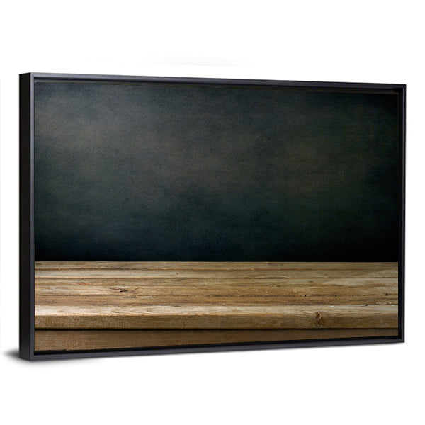 Wooden Table Against Grunge Black Canvas Wall Art