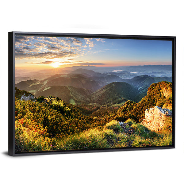 Mountain Forest In Sunlight Canvas Wall Art-1 Piece-Floating Frame-24" x 16"-Tiaracle