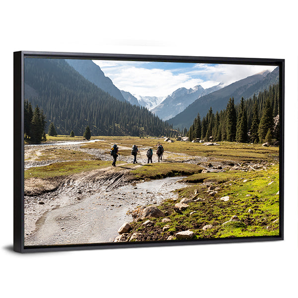 Hikers Climbing On The Tein Shan Mountains Canvas Wall Art-1 Piece-Floating Frame-36" x 24"-Tiaracle