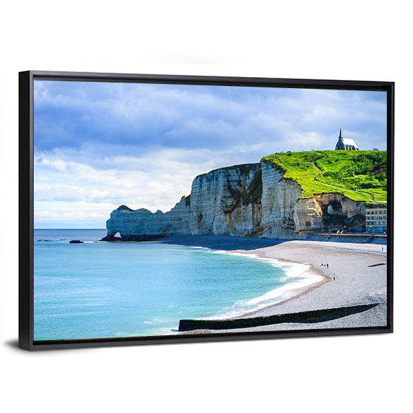 Etretat Cliff And Church Landmark And Its Beach On Morning Canvas Wall Art-1 Piece-Floating Frame-36" x 24"-Tiaracle