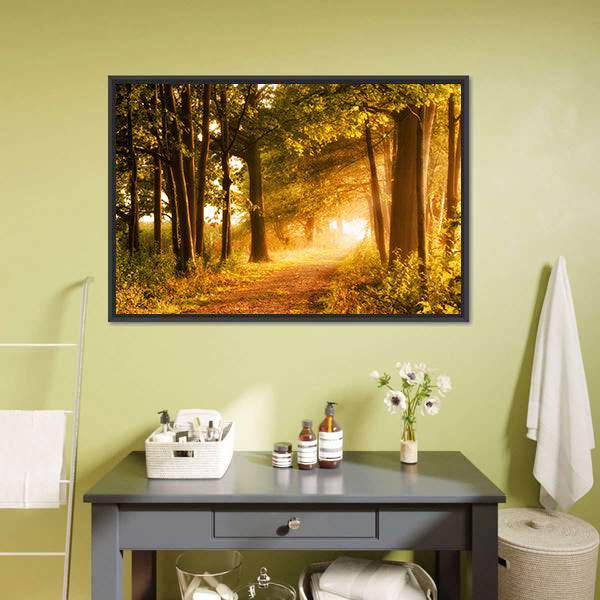 Misty Footpath In Forest Canvas Wall Art-5 Horizontal-Gallery Wrap-22" x 12"-Tiaracle