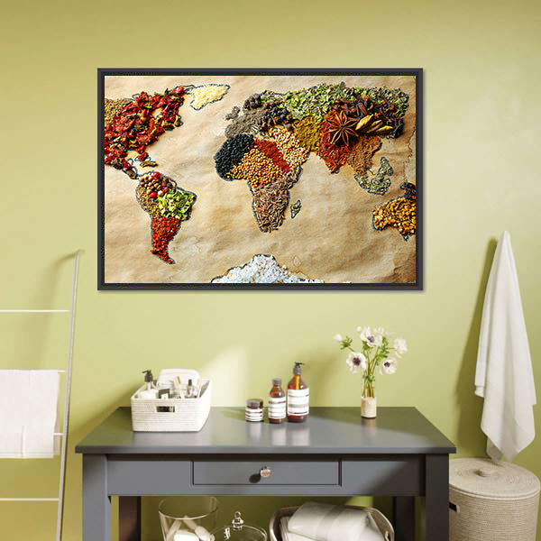 Map Of World Made From Different Spices Canvas Wall Art-5 Horizontal-Gallery Wrap-22" x 12"-Tiaracle