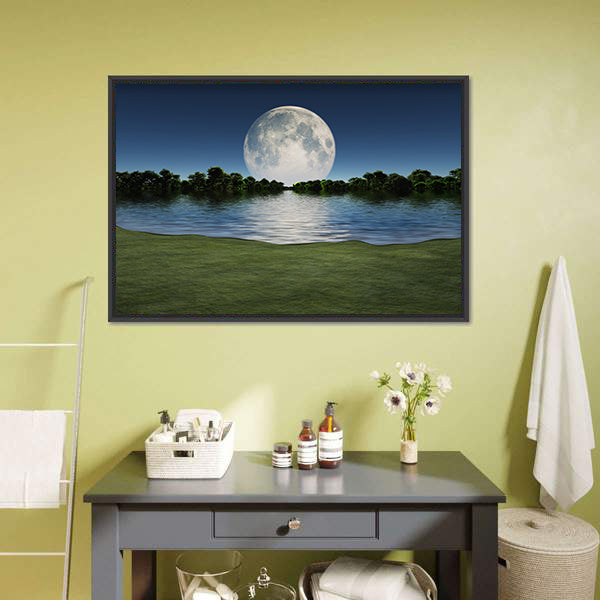Moon Rise Over Lake Canvas Wall Art-5 Horizontal-Gallery Wrap-22" x 12"-Tiaracle