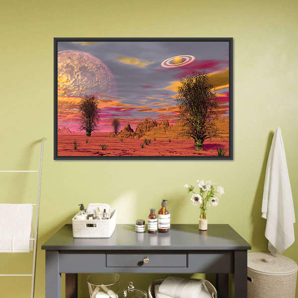 Alien Desert with Ringed Planet and Large Moon Canvas Wall Art
