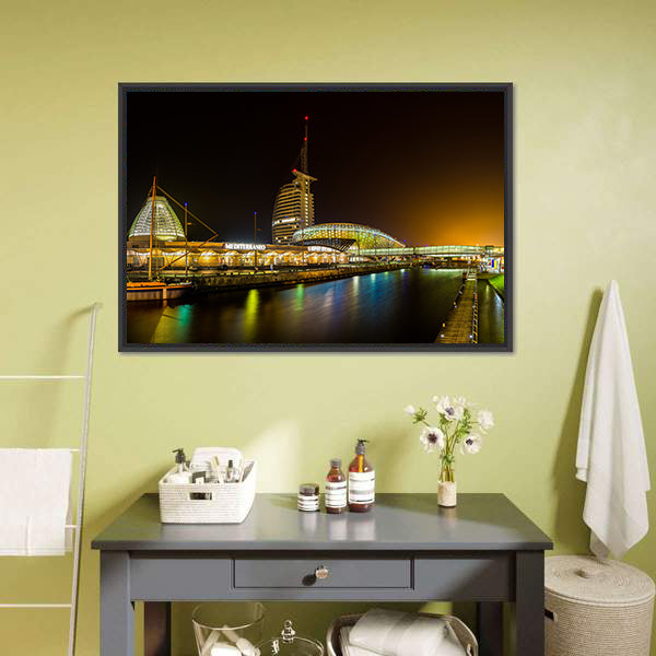 Night Bridge and River in Bremerhaven Canvas Wall Art