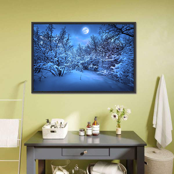 Moon Light In Winter Forest Canvas Wall Art-5 Horizontal-Gallery Wrap-22" x 12"-Tiaracle