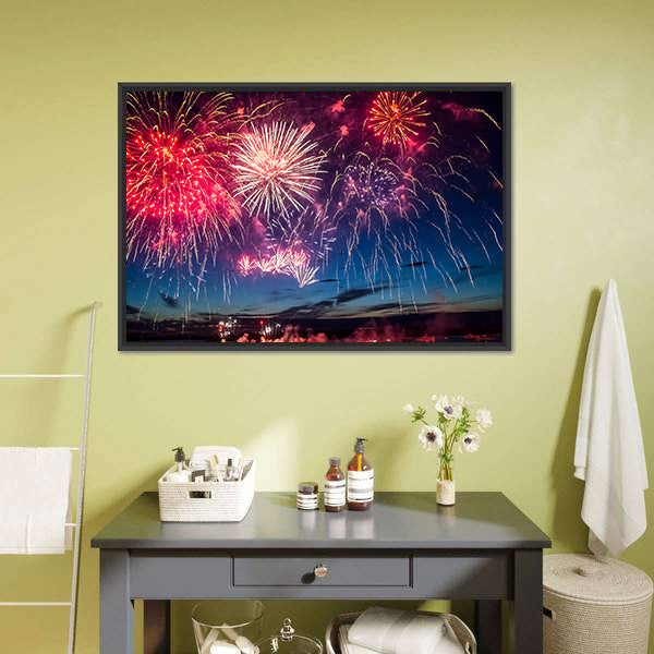 Colorful Fireworks Over City Skyline Canvas Wall Art