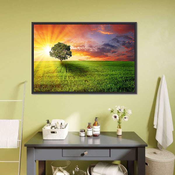 Alone Tree On Green Meadow Canvas Wall Art-5 Horizontal-Gallery Wrap-22" x 12"-Tiaracle