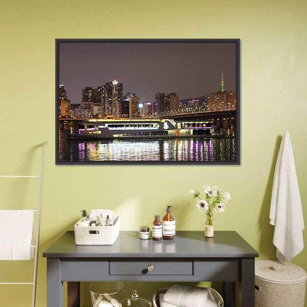 Night City Skyline with Bridge Reflection Canvas Wall Art