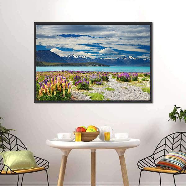 Lake Tekapo with Lupine Path and Mountains Canvas Wall Art