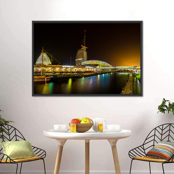 Night Bridge and River in Bremerhaven Canvas Wall Art