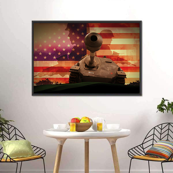 Soldier Silhouette with Tank and American Flag Canvas Wall Art