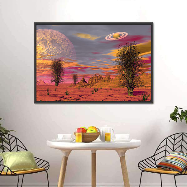 Alien Desert with Ringed Planet and Large Moon Canvas Wall Art