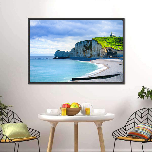 Etretat Cliff And Church Landmark And Its Beach On Morning Canvas Wall Art-5 Horizontal-Gallery Wrap-22" x 12"-Tiaracle